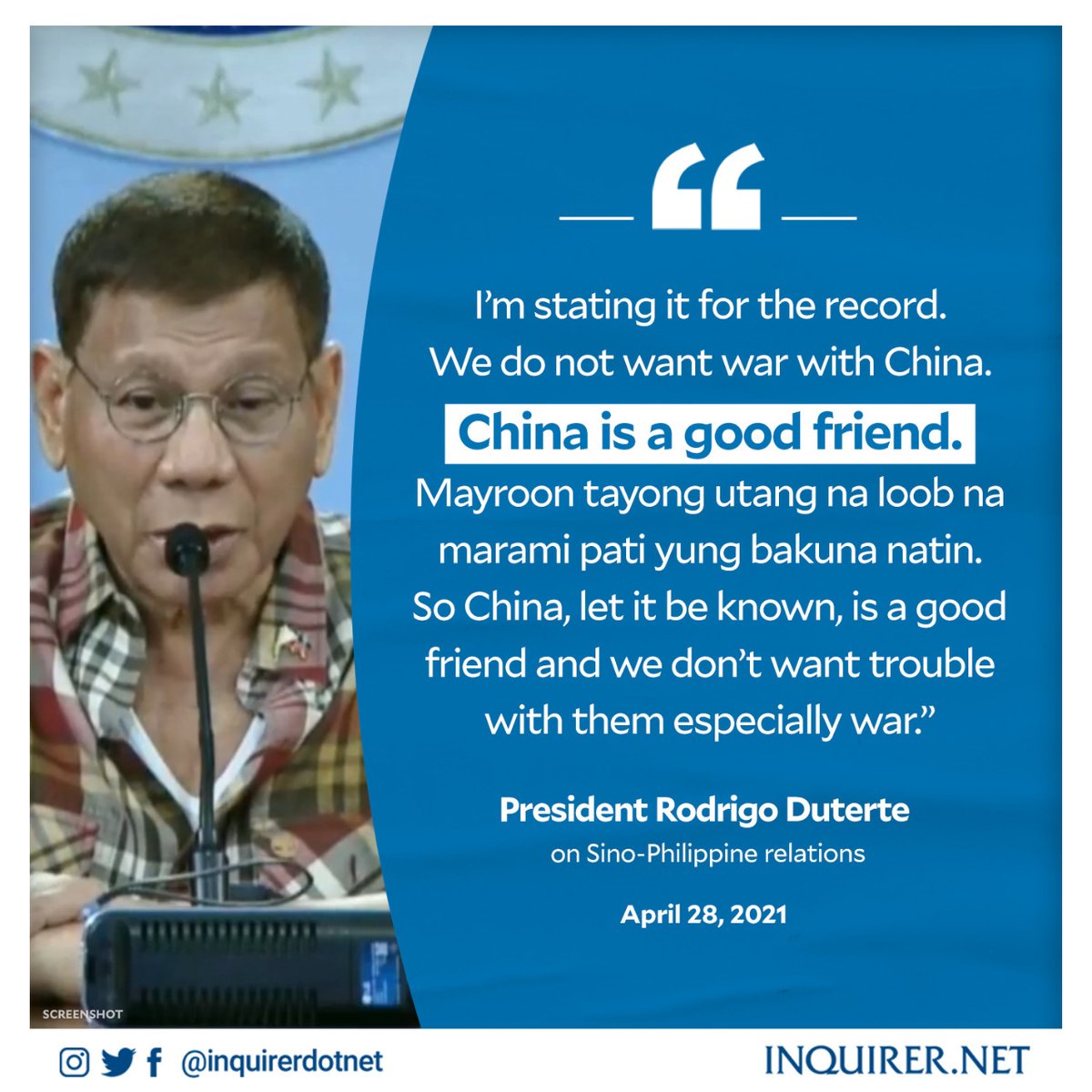 inquirerdotnet's tweet photo. CHINA IS A GOOD FRIEND

President Rodrigo Duterte reiterated on Wednesday night that he wants to avoid war with China and reminded the public that China "is a good friend" that has donated a sizeable amount of vaccines to the country. https://t.co/DHqXepmQSa