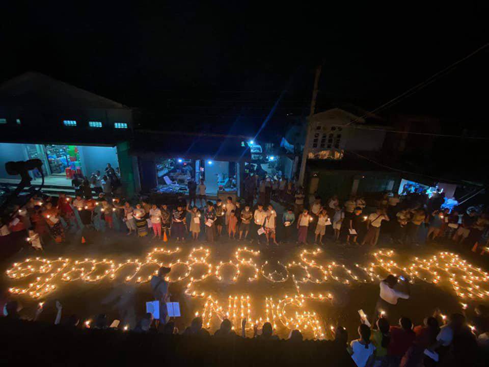 Tw // light  Spring Revolution candlelight night strike at TamakanMyothit, Pharkant illustrating the slogan “We will continue to fight”. GIVE BACK INTERNET  #WhatsHappeningInMyanmar  #Apr28Coup  #InternetShutdown