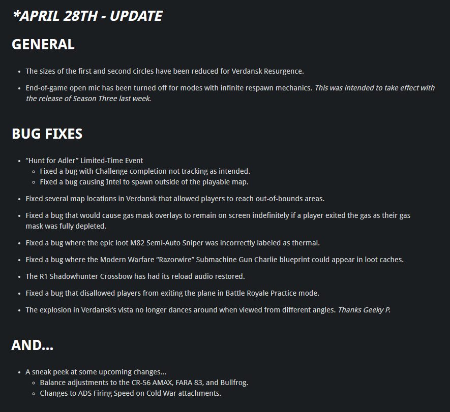 🛠️ A #Warzone update is going live now!

Includes fixes for the Hunt for Adler event, map exploits, and various other issues.

The Season Three notes have been updated (see *April 28th - Update): 

tinyurl.com/dyz3k66x