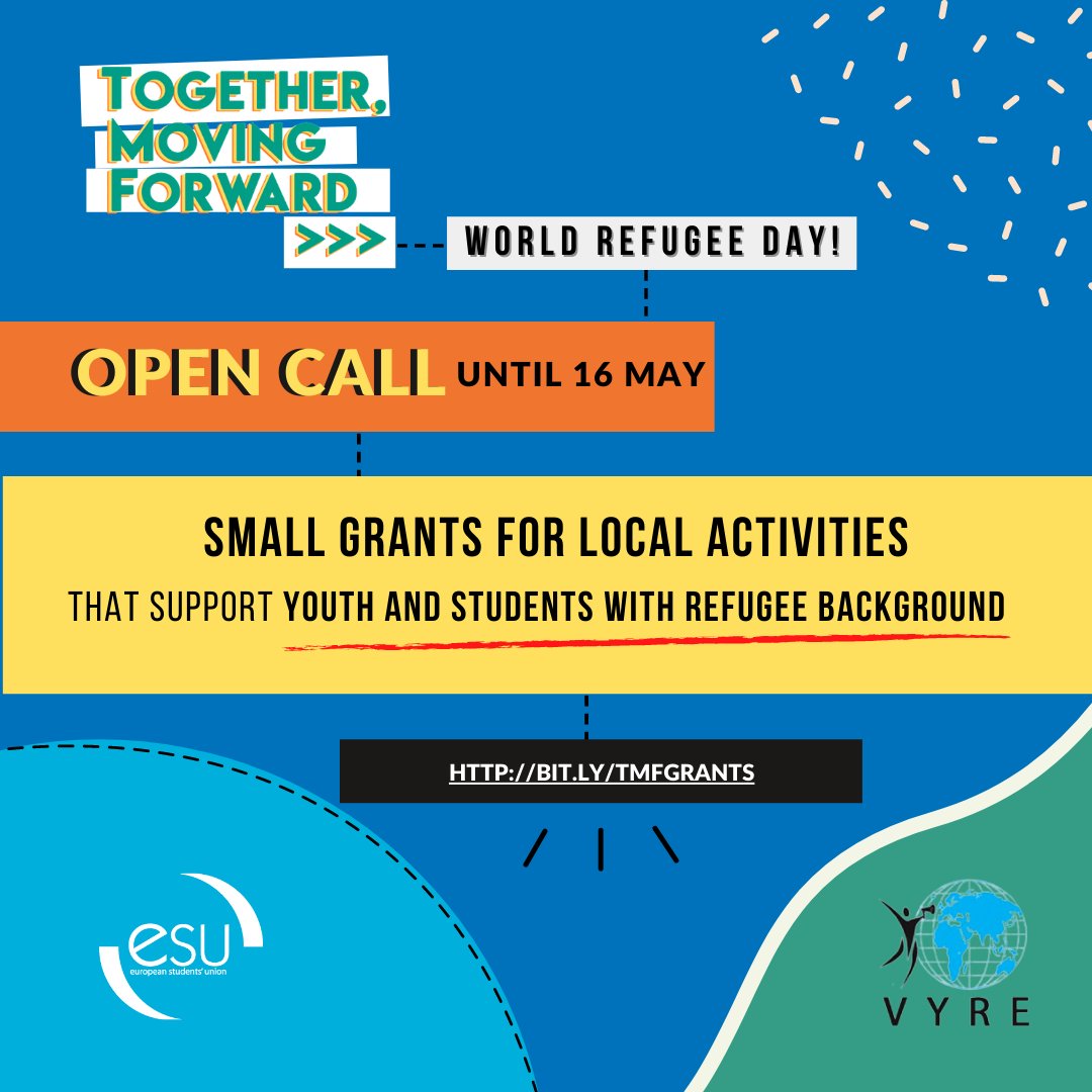 📢 Students and Youth in Action for World Refugee Day! Do you want to promote an activity that empowers youth and students with refugee and migrant background?! Successful projects will receive up to 500 euros! #WithRefugees #15by30 <a href="/ESUtwt/">European Students' Union (ESU)</a> <a href="/WeAreVYRE/">VYRE</a>