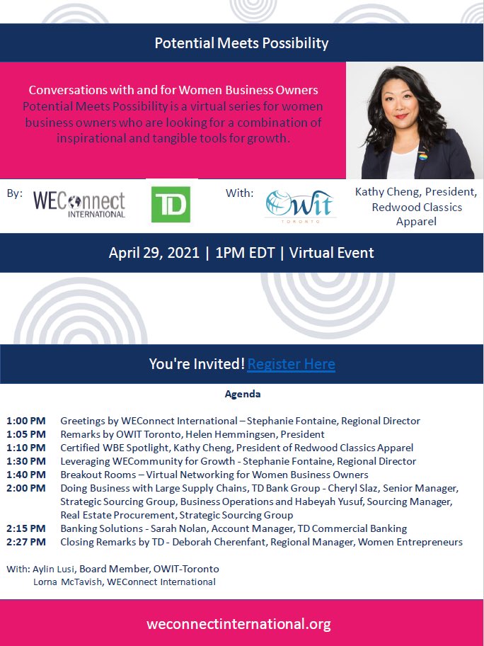 Join me tomorrow (virtually) at 2:30 NL Time as I join <a href="/WEConnection/">WEConnect International</a> &amp; my colleagues from <a href="/TD_Canada/">TD (Canada)</a> for our discussion on how “Potential Meets Possibility”

All are welcome, let’s learn together 💪🏻

Link to register below:

lnkd.in/gKSDrnN