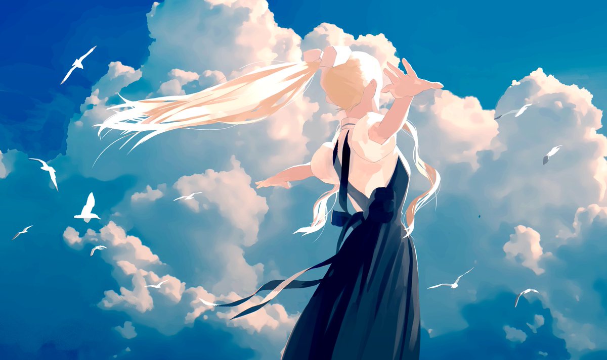 kamio misuzu 1girl long hair blonde hair cloud bird sky solo  illustration images