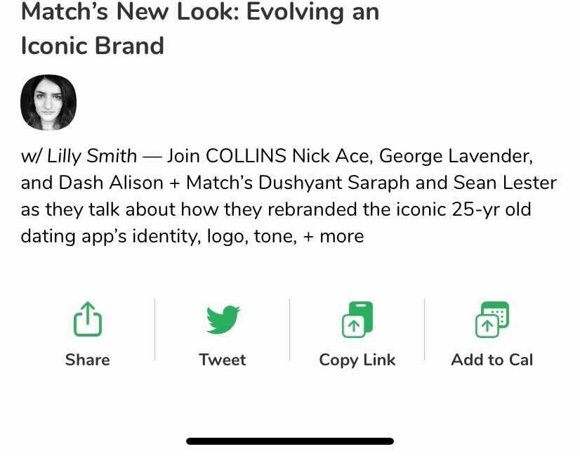 Match's tweet image. Join us on Clubhouse tomorrow for a love-inspired design chat with @wearecollins and @FastCoDesign's @lilly_smith48 discussing the Match redesign. Tune in at 3 PT/6 ET, register here: joinclubhouse.com/event/mgl6G0Wp