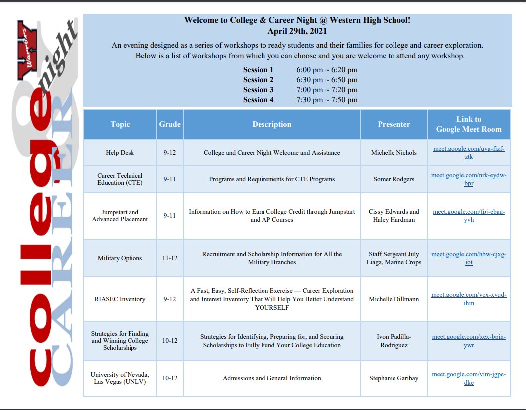 Join us for College &amp; Career Night!

Tomorrow night starting at 6:00pm. 

Visit westernhswarriors.org for more information on how to log in. Google Meet Links are listed below.

Hope to see you there!