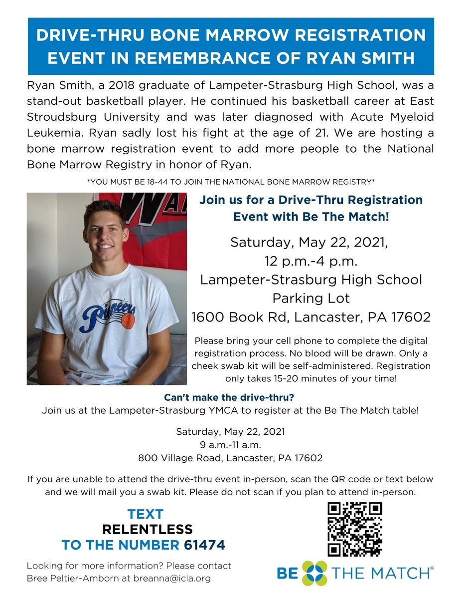 We are organizing a Be The Match event in honor of our friend Ryan Smith. Please spread the word and join us May 22nd at Lampeter-Strasburg High School for the Drive-Thru event! #RelentlesS @BeTheMatch
