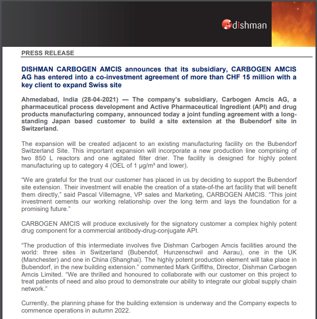 MAPATWARDHAN's tweet photo. DISHMAN CARBOGEN AMCIS
Announces that its subsidiary, CARBOGEN AMCIS AG has entered into a co-investment agreement of more than CHF 15 million with a key client to expand Swiss site
#Dishman #Carbogen #AMICS #PressRelease #subsidiary #pharma #healthcare #exchangefilings #markets https://t.co/HHMnWE9RiC