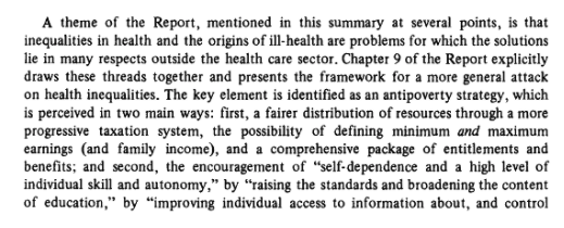 It reminded me of Sir Douglas Black,1980. The 'Black Report' finds that death rates correlate with occupational class. Solution? “A fairer distribution of resources."  https://www.jstor.org/stable/45130747?seq=29#metadata_info_tab_contents