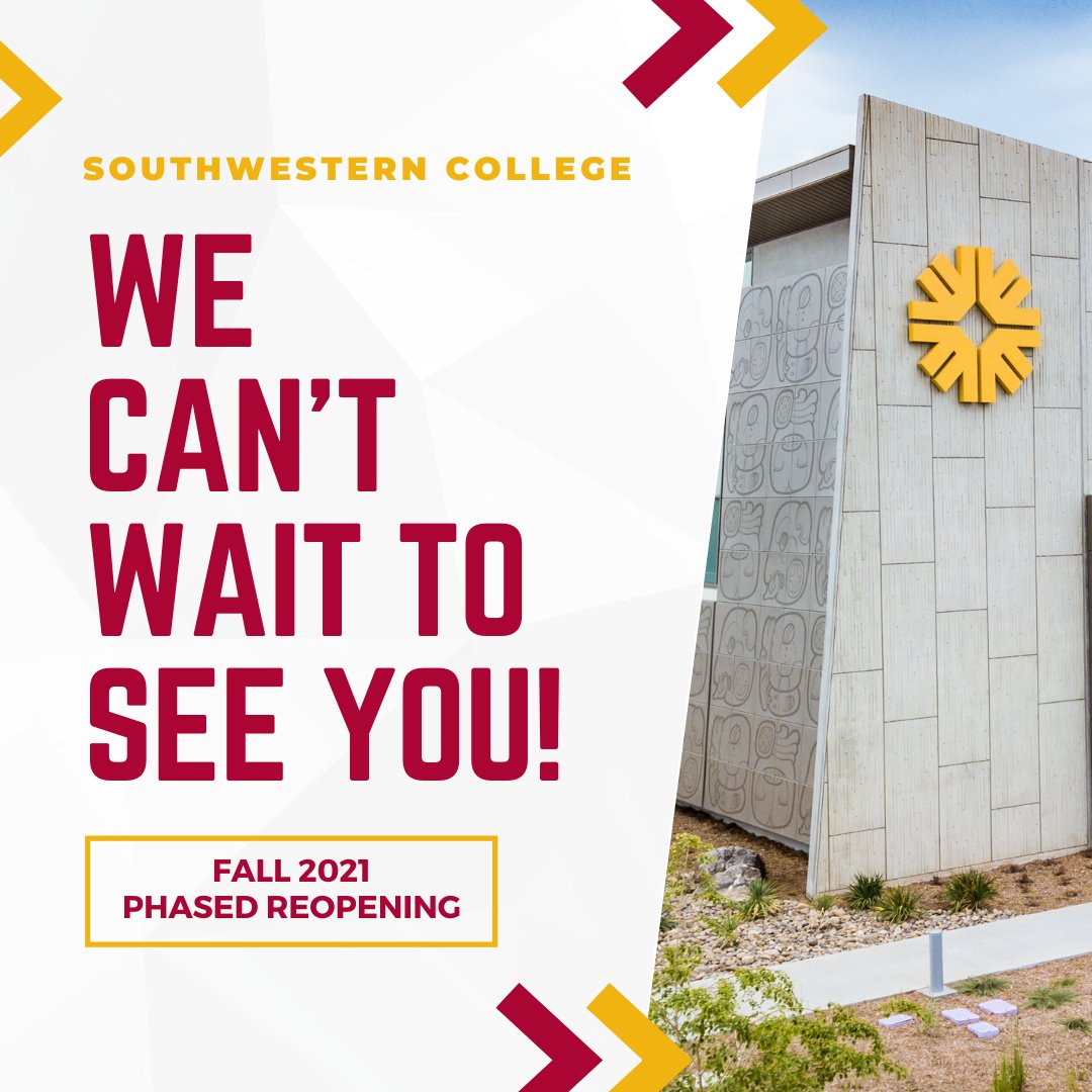 SWC_college's tweet image. We're coming back! This fall, we'll begin our phased reopening of Southwestern College campuses. 

Here's what that means:
- 20-30% of in-person classes 👩🏽‍🏫
- Vaccines and masks will be required 💉😷
- Select student services available by appointment 📆

news.swccd.edu/2021/04/southw…