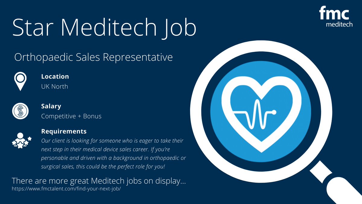 ⭐Orthopaedic Sales Representative⭐

📍North East and West Yorkshire
💰Competitive Salary + Bonus

Do you have experience within #medical #devices sales and are looking for the next step in your career? 

Apply now: fmctalent.com/fmc-jobs/terri…