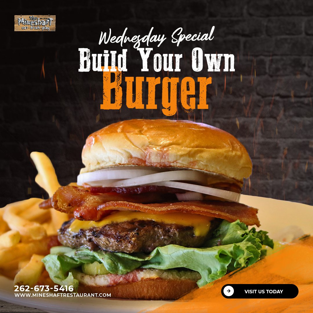 #Wednesday Special - Build Your Own 1/3lb. #Burger or #Chicken #Sandwich. Served with coleslaw and French fries.
mineshaftrestaurant.com/daily-specials (see all our specials)