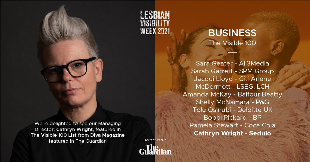 🏳️‍🌈We're delighted to see our MD, Cathryn Wright, listed in The Visible 100 List featured by @DIVAmagazine in @guardian this week amongst some amazing names in the #LGBTQI+ community from the world of TV, comedy, politics, sports, business & more! 

#LesbianVisibilityWeek #LVW21