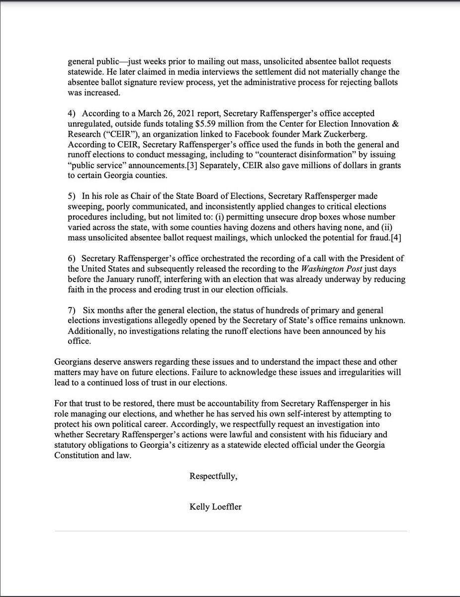 Former Sen. Kelly Loeffler is asking the Attorney General to investigate Secretary of State Brad Raffensperger, echoing some conspiracy claims made about the SOS.Loeffler openly worked to undermine confidence in the election and lost her runoff partially because of it.  #gapol