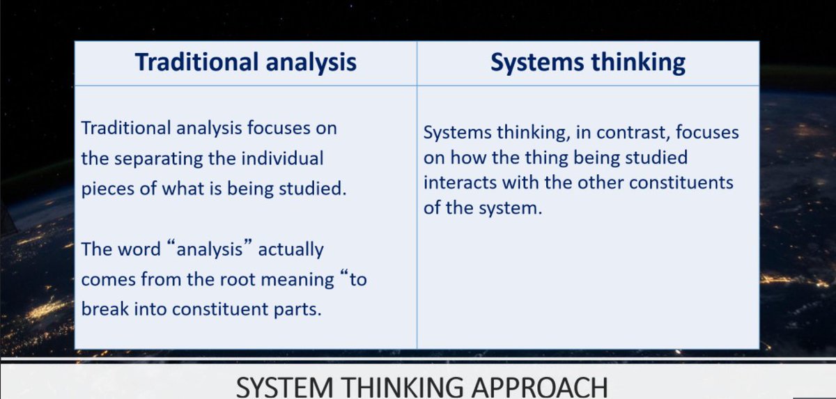 Traditional analysis focusses on linear processes & breaking down problems into component parts. But there are also relational influences within a system where variation in a systems part influences other parts of the system which may influence each other in turn. #QITwitter