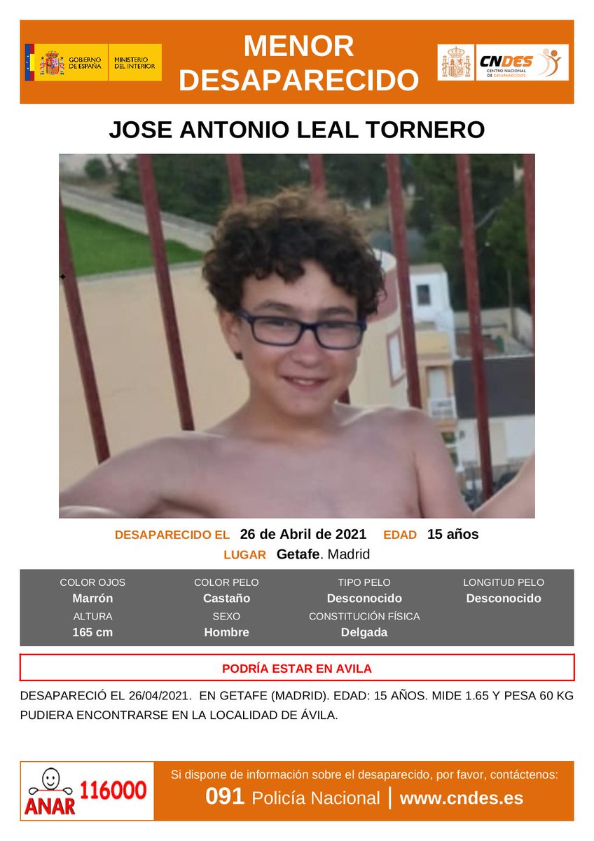 🆘#MuyUrgente⚠
Este es José Antonio, un #menor que ha #desaparecido en Getafe #Madrid, pero podría estar en #Ávila
¿Lo has visto?
📞062
📞091
📞112
Tu RT no cuesta nada y ayuda mucho