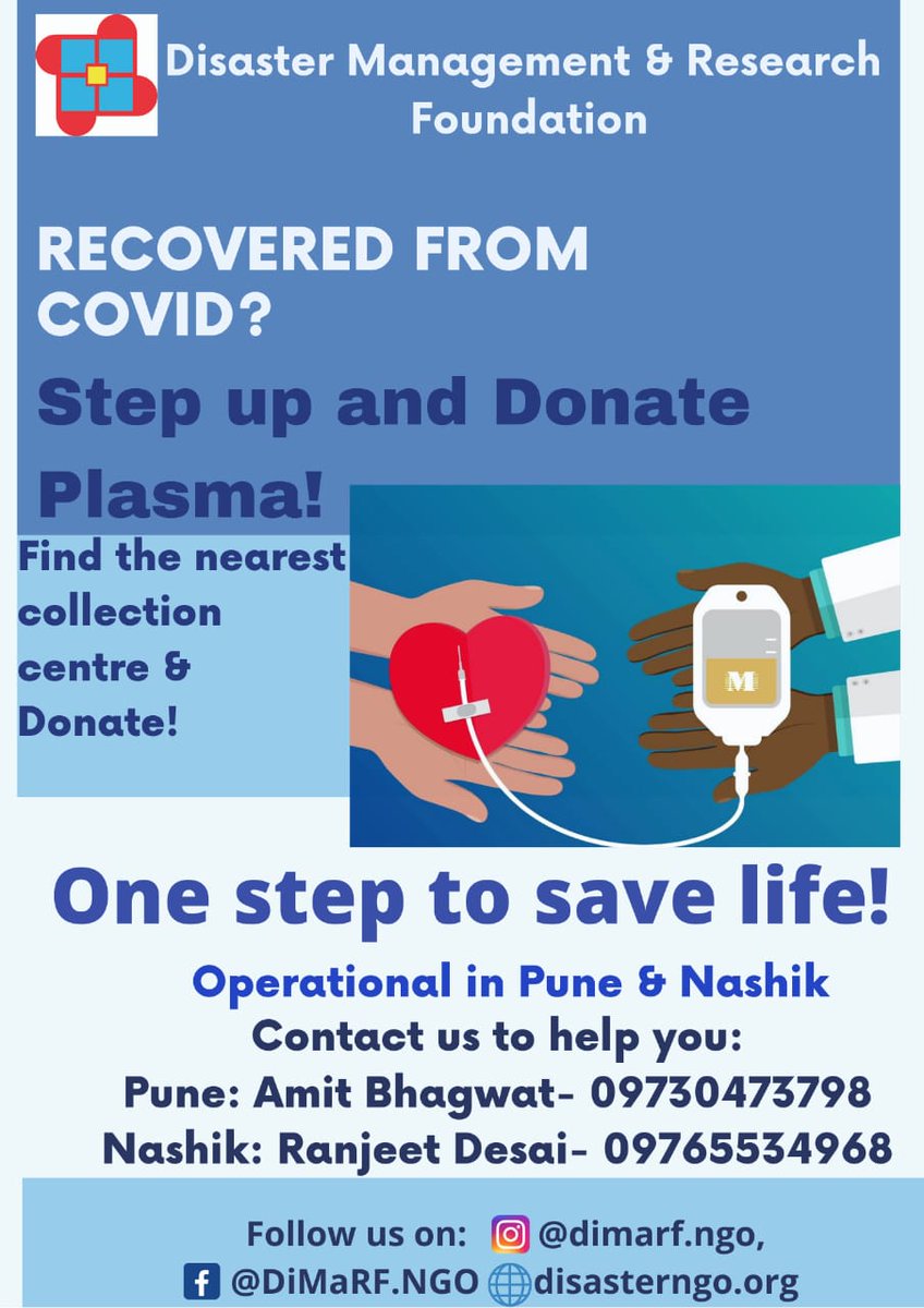 DiMaRF5's tweet photo. Join our hands to be a part of our fight against Covid-19!  We need your support in our endeavor which has been supported extensively in Pune &amp; and now we are extending our effort to Nashik as well! 

#dimarf #reslovedtofightdisaster #plasma #plasmadonors #plasmatherepy https://t.co/lHwZYsa70D