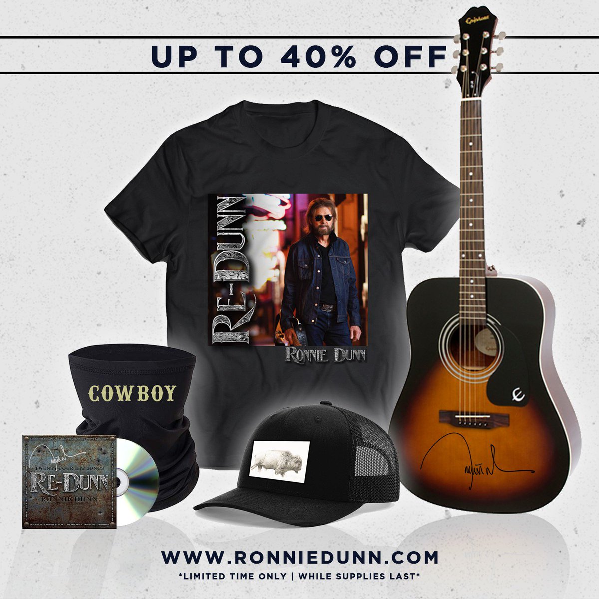 Our spring sale is LIVE at RonnieDunnStore.com! Shop up to 40% off tees, hats, CDs, and autographed items - this week only!