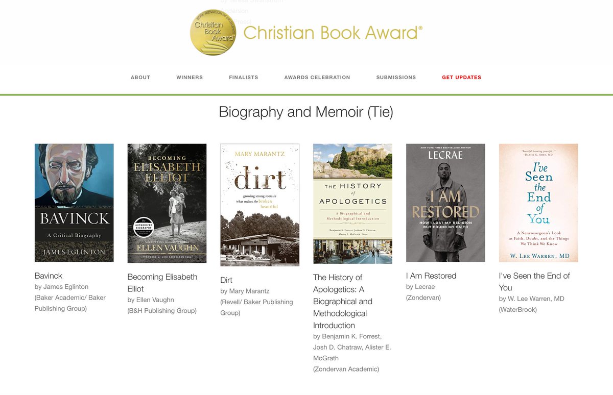 Just registered for this Zoom call next week 👇. Meeting these other authors in person (@marymarantz, @lecrae, @alisteremcgrath, @joshchatraw, @DrBKForrest, @drleewarren, @EllenSVaughn) would have been a real pleasure. But it is 2021, so Zoom we shall! christianbookawards.com/finalists.html