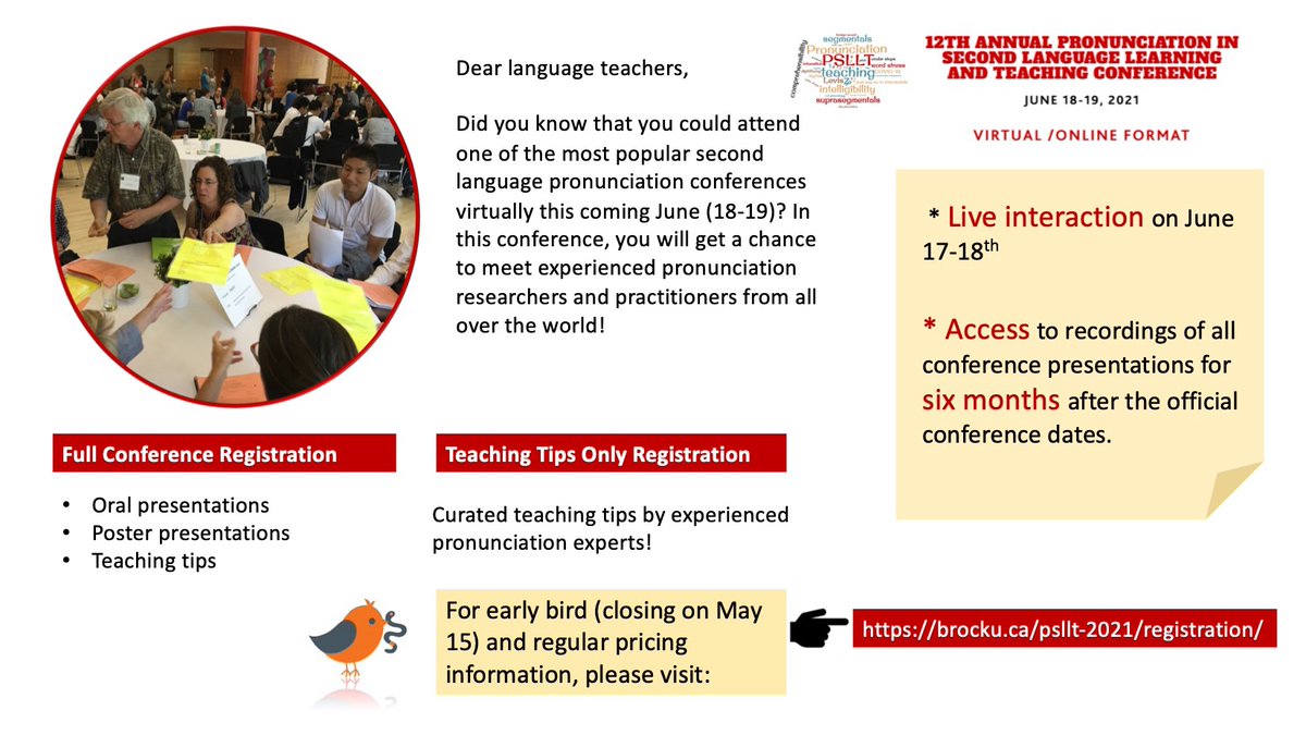 Dear language teachers, 
Please join us at the virtual #PSLLT2021 for TEACHING TIPs presented by pronunciation experts. Teaching tips have been the most favorite session of many PSLLT attendees in years! Registration options: Full conference or TEACHING TIPS only
