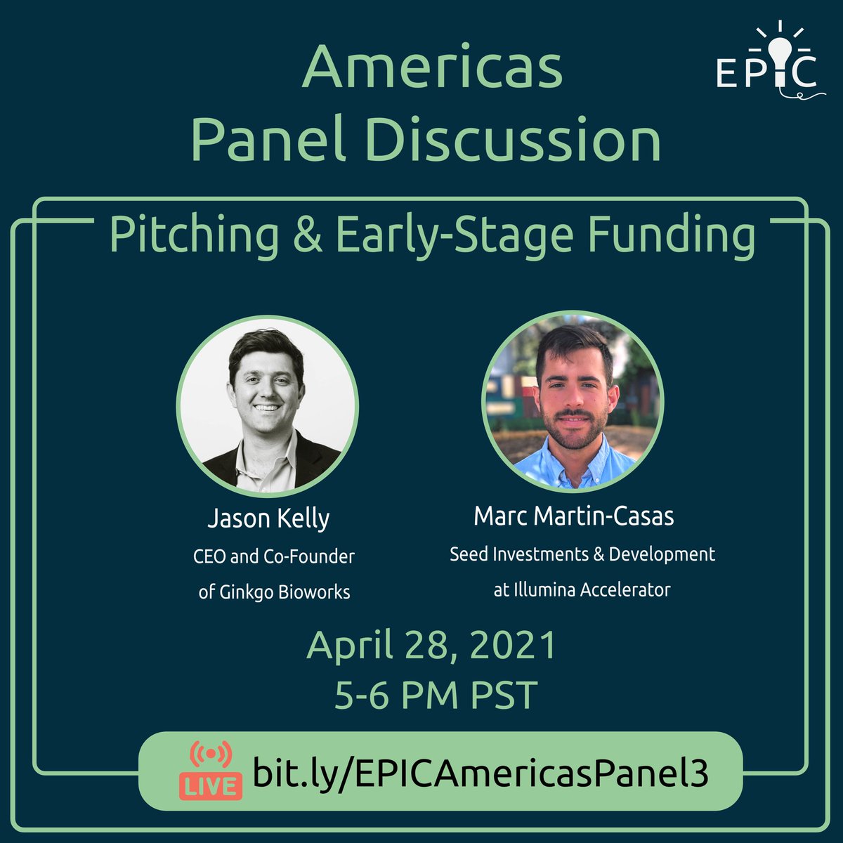 Hey, today I'm hosting the last @iGEMEPIC VCL panel with <a href="/jrkelly/">Jason Kelly</a> from <a href="/Ginkgo/">Ginkgo Bioworks</a> and Marc from <a href="/illumina/">Illumina</a>. We are going to talk about Pitching &amp; Early-Stage Funding. Everyone is welcome to join the live session today at 5pm (PST). 
Link 👉🏻 bit.ly/EPICAmericasPa…. Please retweet 🙏🏻