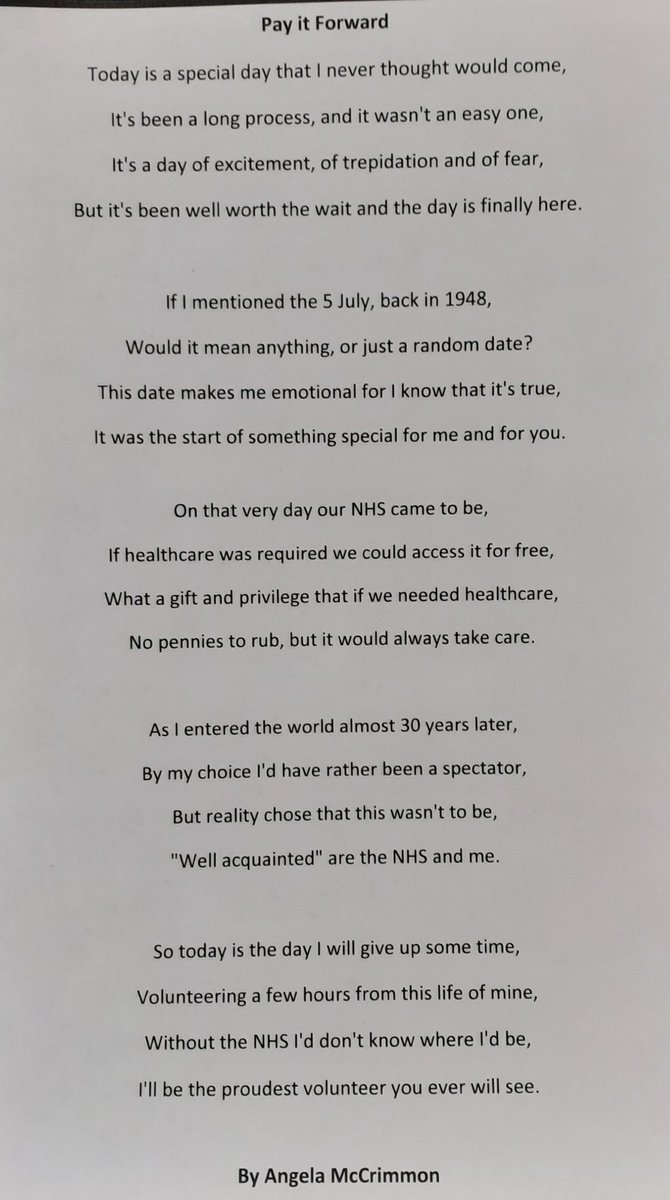Lovely poem called 'Pay it Forward' written by <a href="/angdmc/">ANGELA MCCRIMMON</a> 👱‍♀️one of our new volunteers ✍ about her experience of starting as a <a href="/NHS_Lothian/">NHS Lothian</a> volunteer in <a href="/LothianSjh/">SJH_Lothian</a>  👏👍 #nhsvolunteer  #PayitForward <a href="/aristyro/">Aris Tyrothoulakis</a> <a href="/AgnesRitchie8/">Agnes Ritchie</a>