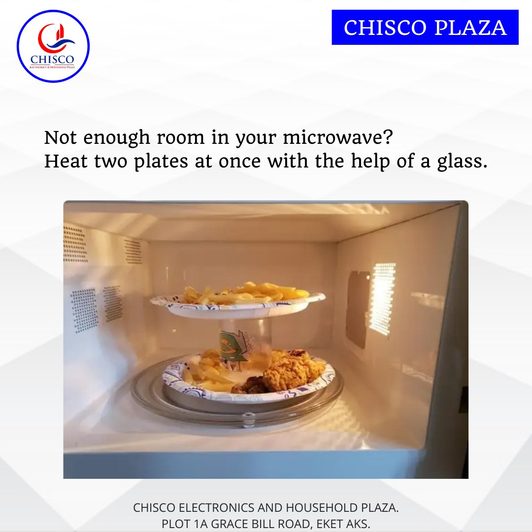 Chiscoplaza's tweet photo. In a hurry and need to heat two plates of food. Try this great microwave hack today.
Not enough room in your microwave? Heat two plates at once with the help of a glass.
.
.
.
.
.
#lifehack #microwavehack #chiscoelectronicsandhouseholdplaza https://t.co/GQl9NXvWfr