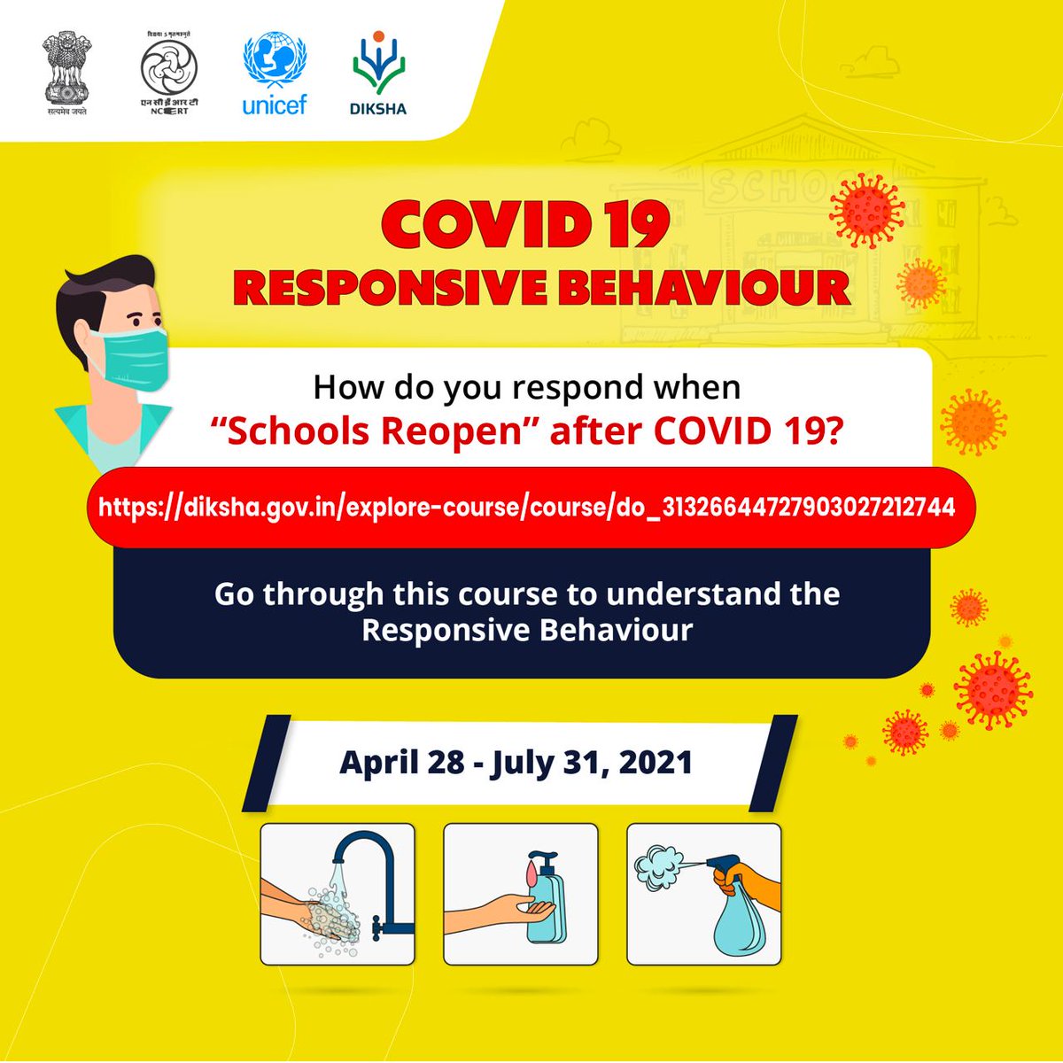 ncert's tweet photo. COVID 19 has impacted every student, teacher and parents.
Must be worried, how to respond, when school reopens after pandemic?
Let's join this short course and orient ourselves in the responsive behaviour, as and when schools reopen.
https://t.co/0zkvscMmgK https://t.co/ZkXXS3GHQs