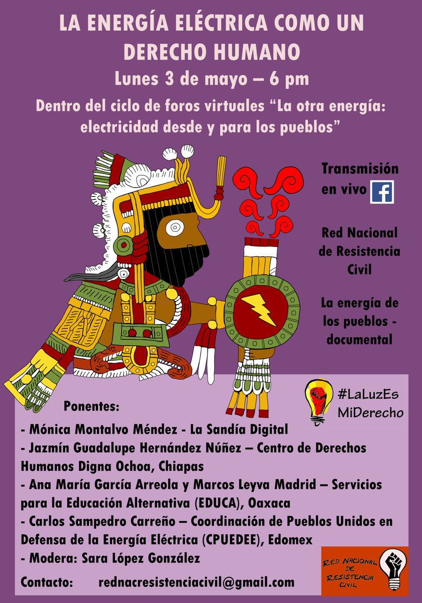 Evento:
fb.me/e/MNfTIYMt
"La energía eléctrica como un derecho humano" con:
🔹La Sandía Digital, 
🔹Centro de Derechos Humanos Digna Ochoa, Chiapas, 
🔹Educa, Oaxaca,
🔹Coordinación de Pueblos Unidos en Defensa de la Energía Eléctrica (CPUEDEE), Edomex.
3 de mayo a las 6pm