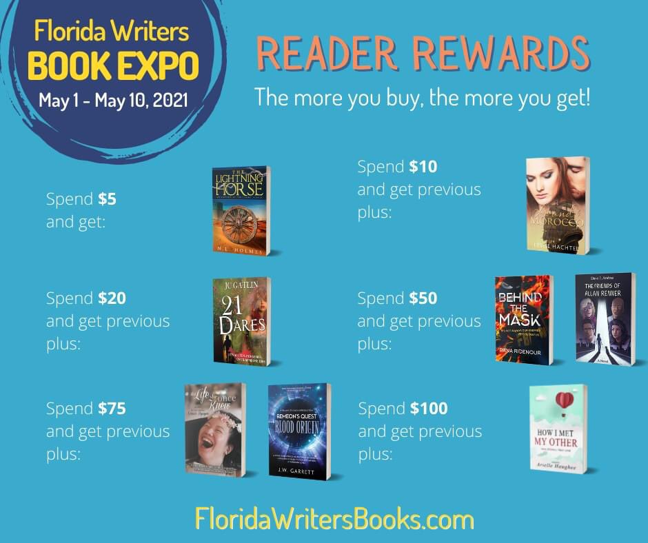 I am participating in an awesome event next week--the Florida Writers Book Expo.

It's a virtual book event with freebies at every booth, live author interviews, and *~reader rewards~* where you earn free ebooks for shopping.
#booksale #bookevent #floridawriters