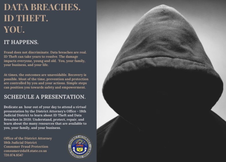 Thank you @Arapahoecounty Arapahoe County Libraries for inviting <a href="/DA18th/">18th Judicial District Attorney's Office</a> Community and Consumer Protection to give a presentation on “Data Breaches. ID Theft. You.” Presentation yesterday, April 27. See you again in the Fall.