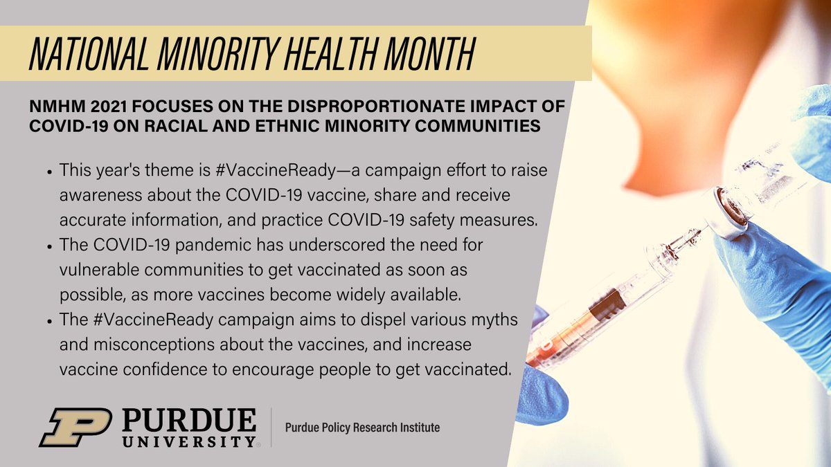 This #NMHM2021, we at @PurduePPRI are proud to support @MinorityHealth and @NIMHD in encouraging communities to be #VaccineReady. To learn what role you can play in raising vaccine confidence, please visit: minorityhealth.hhs.gov/nmhm/. #Purdue #PPRI #COVID19 #SleeveUp #HealthEquity