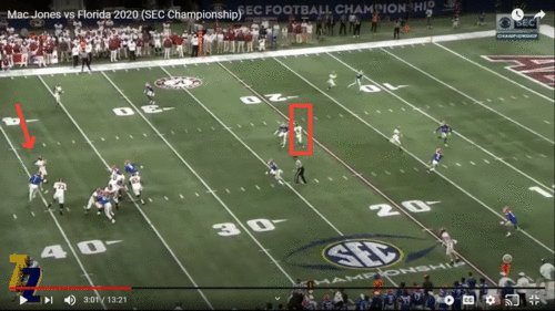 ...But slow the frame or pause and look where the receiver is here, as his arm is all the way cocked back ready to come forward. He made his mind up a split second ago:4/What if it's Mac Jones?