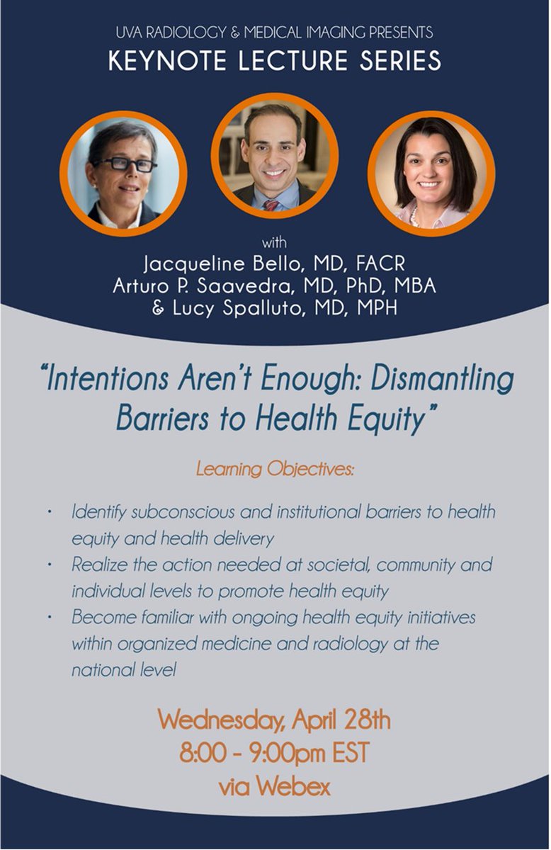Join us tonight at 8pm EST for our next Keynote Lecture: 'Intentions Aren't Enough: Dismantling Barriers to Health Equity.' Details and WebEx link here: bit.ly/2Rat4cf #healthequity #healthdisparities @RadiologyACR @ACRRFS #healthcareequity