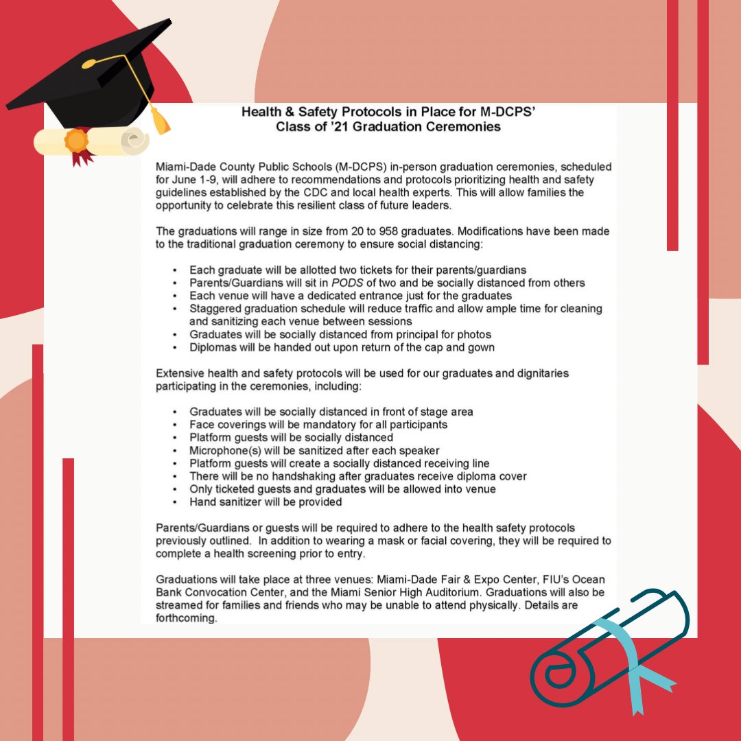 MariTereMDCPS's tweet photo. I am looking forward to the District 6 graduations for the #Classof2021! There will be protocols to ensure the safety of our students, workforce and attendees. See you soon! @miamiseniorhigh @MAST_Academy @CoralGablesSHS @SWMiamiEagles @SMSHCobras @YWPAMONARCHS @ispaatgables https://t.co/ftM1PcqVgU