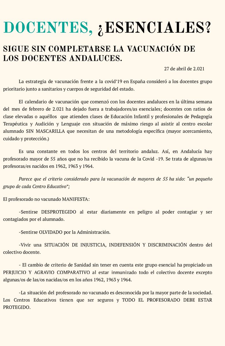 ttmerino63's tweet photo. @CarolinaDarias los profesores/as andaluces de más de 55 años pedimos no ser olvidados/as, ni discriminados/as. Estamos trabajando desprotegidos/as. Somos tan esenciales como nuestros compañeros/as ¿no? https://t.co/EVmG1vZhCW