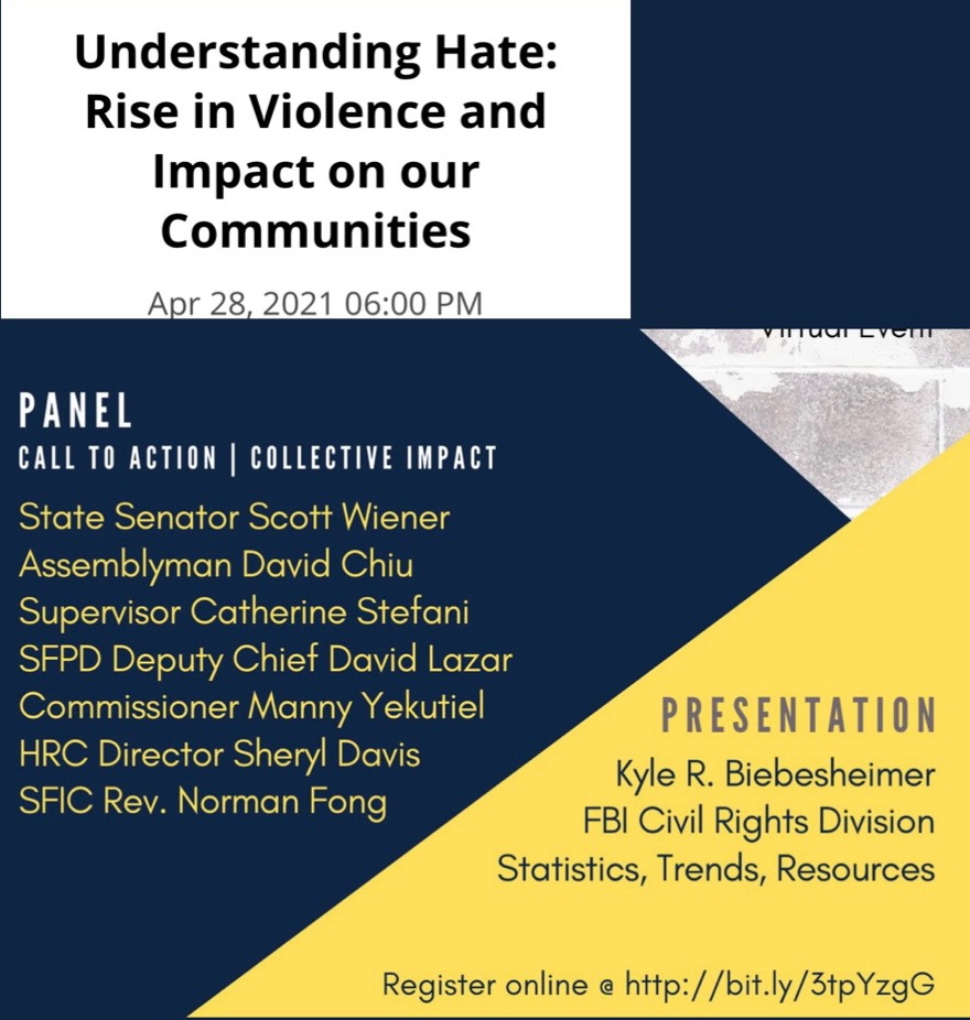 SFHumanRights's tweet photo. (TODAY @ 6:00pm) Understanding Hate: Rise in Violence and Impact on our Communities 

April 28, 2021 @ 6:00pm

RSVP https://t.co/XJMtAK5BaV

#SanFrancisco #Community #Unity #Solidarity #StrongerTogether #StandTogetherSF https://t.co/nH6Jx0FWma