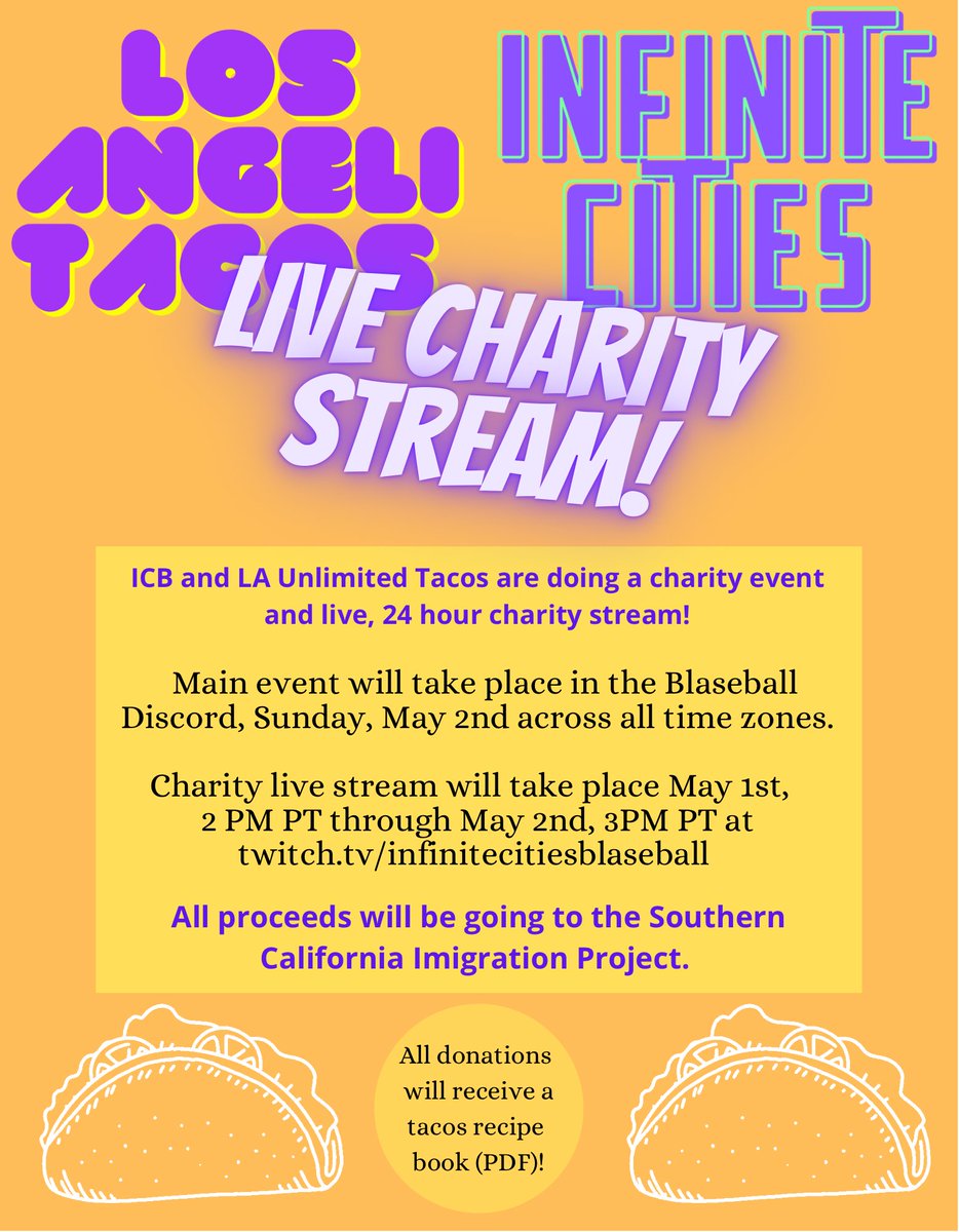 hey yall! just announcing again that  @CitiesPod in collaboration with the tacos are putting on a livestream from 3 pm pt on may 1st to 3 pm pt on may 2nd! more details in the thread!!!