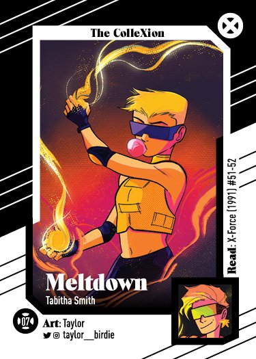 Here's  @taylor__birdie a Tabitha Smith card begging for it's own animated series on Disney+. Terrific mix of light & shadow here, all done with especially vibrant colors. Rainbow sherbet made dangerous, which thematically, is pretty spot-on for the once and future Boom Boom.
