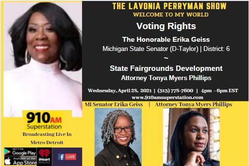 lavoniaperryman's tweet photo. Tune in today for our conversation on Voting Rights with MI @SenErikaGeiss (D-Taylor) | District: 6 & @Amazon #Michigan #StateFairgrounds Development
with Atty. Tonya Myers Phillips, Community Partnerships & Development Director @SugarLawJustice
#CommunityBenefits
#Amazon https://t.co/PLB8aUo8kK