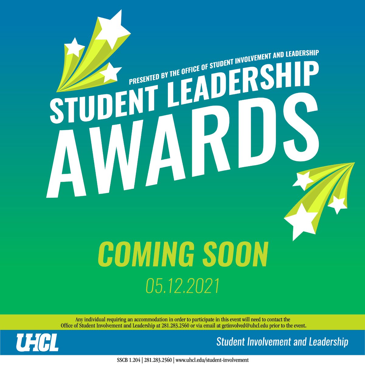 Save the Date for the 43rd Annual Student Leadership Awards! 🌟🎖

This year’s event will be held virtually on “Blue and Green” Wednesday, May 12, 2021 via social media!

#uhcl #uhclearlake #uhclgetinvolved #uhclstudentlife #uhclhawks #getinvolved #studentleadership #uhclgrad