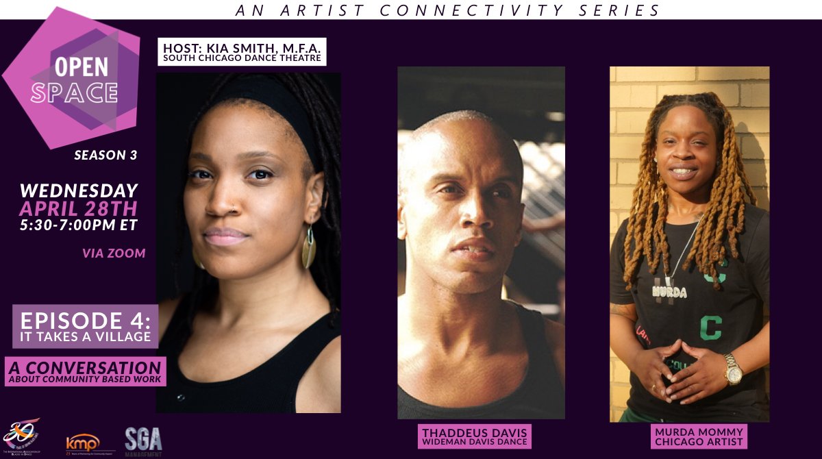 Join us for OPEN SPACE Season 3 EPISODE 4- IT TAKES A VILLAGE: A Conversation about Community Based Work

Wednesday, April 28th | 5:30pm-7:00pm ET   
fb.watch/59zv3arl0P/

Host: Kia Smith, M.F.A. 

Guests: Thaddeus Davis &amp; Murda Mommy 

#OpenSpace #IABD #IAMBLACKDANCE