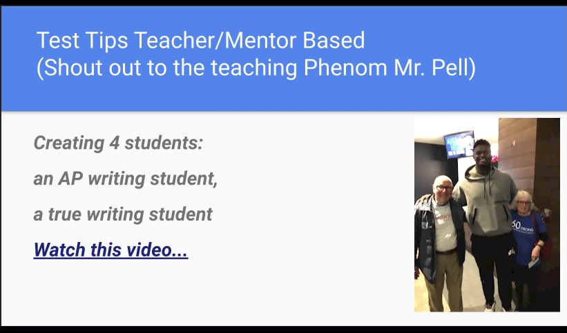 corndogcoonan's tweet photo. @jga41agher @OldManAndThree @jj_redick @talter Just played this video for my AP students today, the week before the AP test. Like Zion, I too was lucky enough to have Mr. Pell be a mentor for me. Like Zion, the man is legendary, but humble, still a giant in my mind. Thank you Zion. My kids loved your story. WRITE ON! https://t.co/t53MKrbcu7