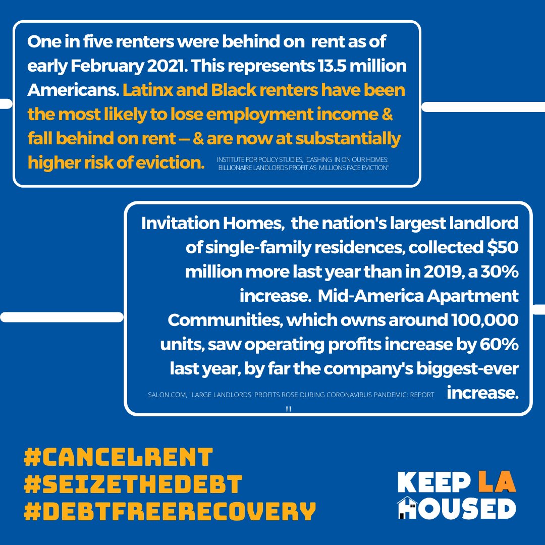 #Covid19 amplified systemic racism, forcing Black & brown, low-income renters most at risk of eviction to make tough choices on bills to pay. Meanwhile corporate landlords lined their pockets. Let's be clear:A #DebtFreeRecovery is #RacialJustice #KeepLAHoused @kdeleon @HildaSolis