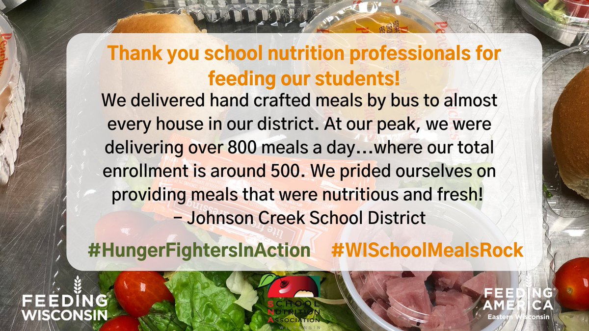 <a href="/FeedingWI/">Feeding Wisconsin</a> is partnering with @WisDPI_SNP, School Nutrition Association of Wisconsin &amp; <a href="/FeedAmericaWI/">Feeding America Eastern Wisconsin</a> to recognize #HungerFightersinAction during the COVID-19 pandemic! Shout out to Johnson Creek School District for your excellence through the pandemic! #WISchoolMealsRock