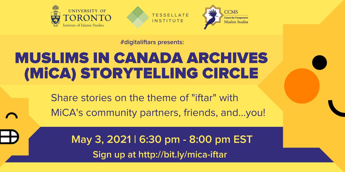 Institute of Islamic Studies, Univ. of Toronto (@iisuoft) on Twitter photo Save the date! Muslims in Canada Archives (#MiCA) is hosting a #DigitalIftars on Mon May 3, 6:30pm - 8pm EST. We'll host a storytelling circle on the theme of "iftar". Feel free to bring item that helps tell your story. :) cc <a href="/immergentx/">moska 🇦🇫</a> <a href="/digitaliftars/">digitaliftars</a> <a href="/CCMS_SFU/">CCMS @SFU</a> <a href="/TessellateInst/">Tessellate Institute</a> Save the date! Muslims in Canada Archives (#MiCA) is hosting a #DigitalIftars on Mon May 3, 6:30pm - 8pm EST. We'll host a storytelling circle on the theme of "iftar". Feel free to bring item that helps tell your story. :) cc <a href="/immergentx/">moska 🇦🇫</a> <a href="/digitaliftars/">digitaliftars</a> <a href="/CCMS_SFU/">CCMS @SFU</a> <a href="/TessellateInst/">Tessellate Institute</a>