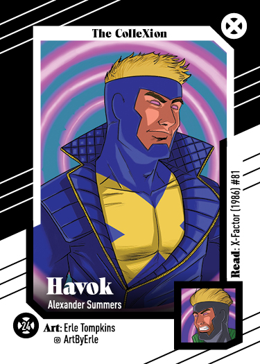 These come from  @ArtByErle, another returning artist who I'm comfortable with tossing anything at him. The Havoks in particular use the space so well, gracing us with a throwback to late 80s/early 90s laser background class photos.