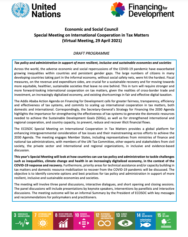 NavidHanif_UN's tweet photo. How can tax policy support country efforts toward the SDGs and #COVID-19 response and recovery? See #FSDO presentation here. Join @UNECOSOC for a Special Meeting on tax tomorrow on @UNWebTV! #Tax4Dev #UNTaxComm @UNDESA https://t.co/D03vjE0hD7