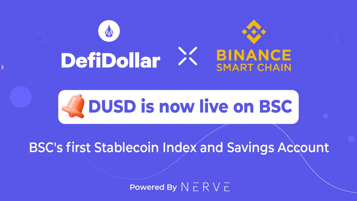 DUSD - The 1st stablecoin index on <a href="/BinanceChain/">Binance Chain</a>🤩DefiDollar Savings Account is live on BSC powered by <a href="/NerveFinance/">Nerve Finance</a>. This empowers our retail users who were priced out due to high fees. 

DeFi is for everyone!

More👇 
link.medium.com/UchmF73tPfb 

#BinanceSmartChain <a href="/binance/">Binance</a>