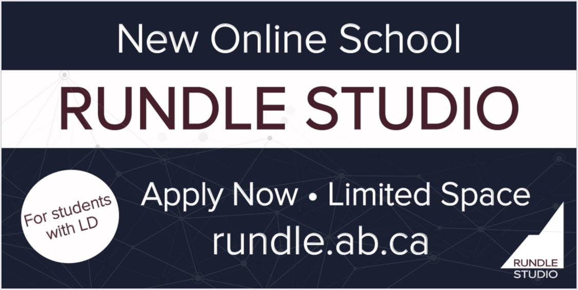 A new VIRTUAL school for students in AB who have learning disabilities and/or ADHD. Check out rundle.ab.ca/studio to learn more and apply for this fall. Grades 7 &amp; 8 offered. admissions@rundle.ab.ca