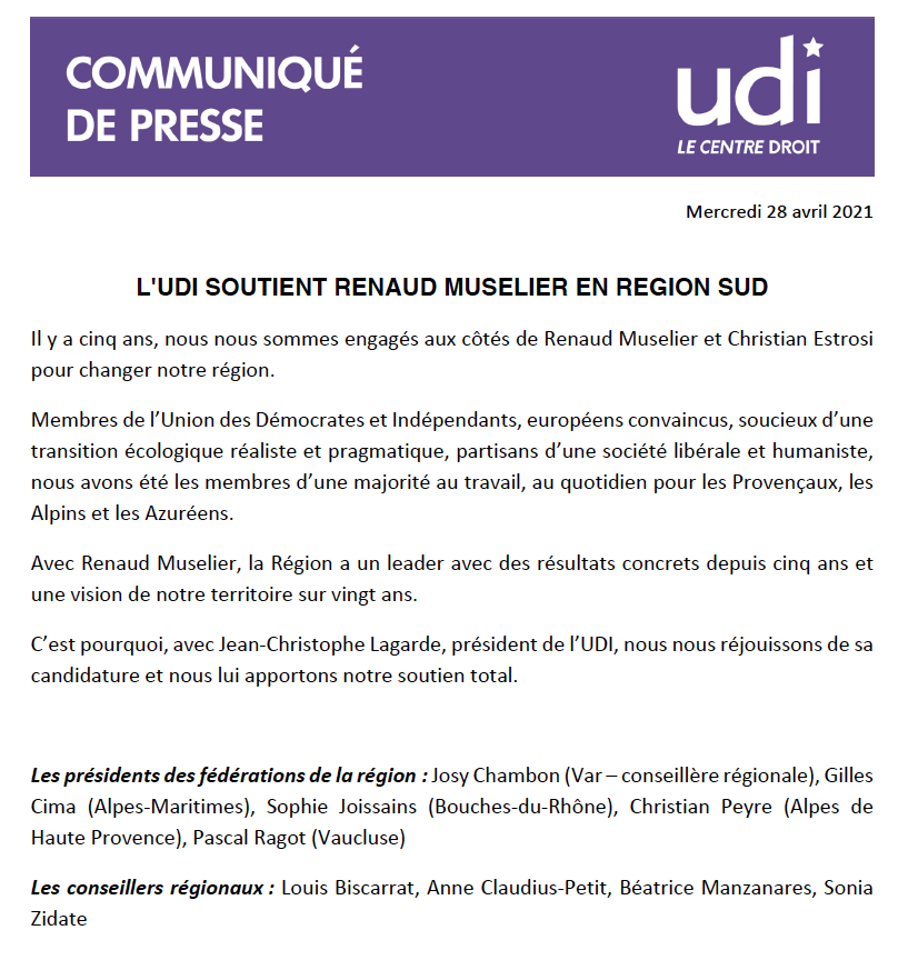 ✊L'UDI apporte son soutien à la candidature de <a href="/RenaudMuselier/">Renaud Muselier</a> et mettra toute son énergie pour faire gagner la #RegionSud. 
"La Région d’abord et avant tout"
