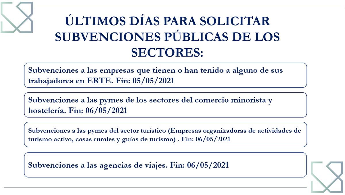 ¡ÚLTIMA LLAMADA! A lo largo de la semana que viene cierran varias subvenciones dirigidas a los sectores más afectados por la pandemia.

Si quieres saber más ponte en contacto con nosotros en los siguientes:
📲 957 81 98 54
📧 info@ecsaconsultores.com